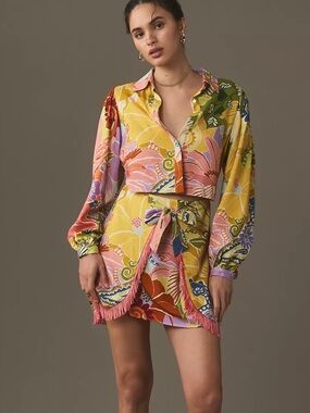 NWT Anthropologie Farm Rio Long-Sleeve Fringe Tie-Front Mini Dress